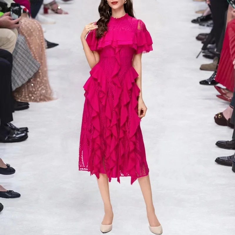 

QHZ Spring Summer Designer fashion dress Women Cape sleeve Vintage Lace embroidery Splicing Ruffle Holiday luxury Midi Dresses