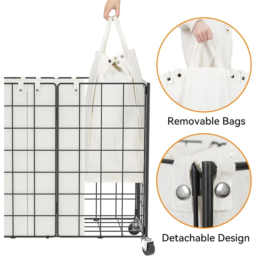 Rolling Metal Wire Laundry Hamper with 3 Removable Bags, 150L Capacity for Dirty Clothes Storage Solutions