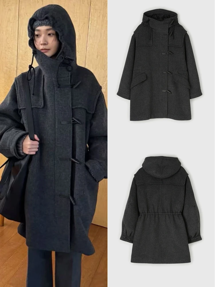 

Lfm Выпуск Мгновенно! Женское свободное шерстяное пальто со шляпой Horn Bule, повседневная верхняя одежда для колледжа