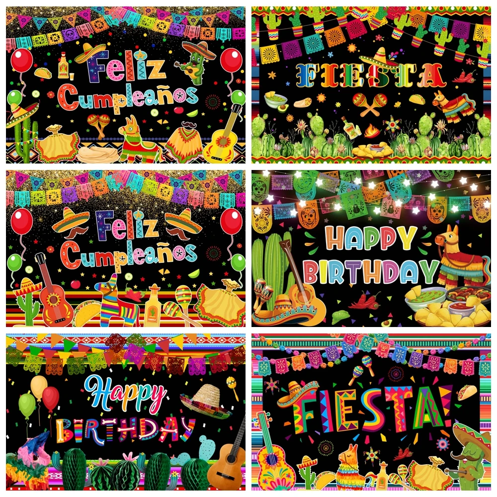 Mexico Fiesta Birthday Backdrop Mexico Cinco De Mayo Party Cactus Guitar Straw Hat Colorful Festival Photography Background Deco