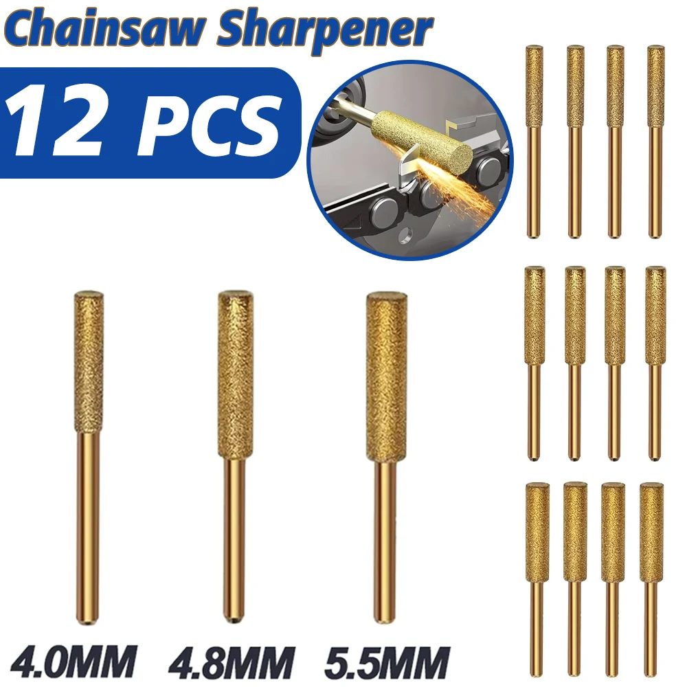 12PCS Chainsaw Sharpener Diamond Coated Cylindrical Burr Chain Saw 4/4.8/5.5mm Titanium Coated Sharpener Engraving Grinding Tool