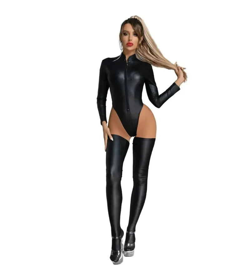 

Shiny Leather Bodysuit Zipper Slim Women Fitting Long Sleeved Glossy PVC Leather Skinny Leotard Shaping Latex Bodycon