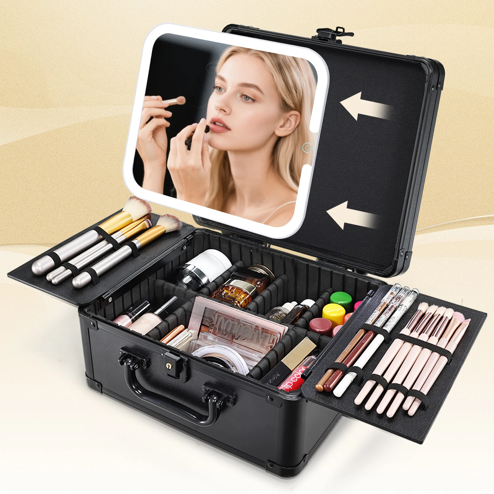 

Makeup Case with Magnetic Lighted Mirror Cosmetic Case with 3 Colors LED Mirror Portable Make up Suitcase with Key Divider