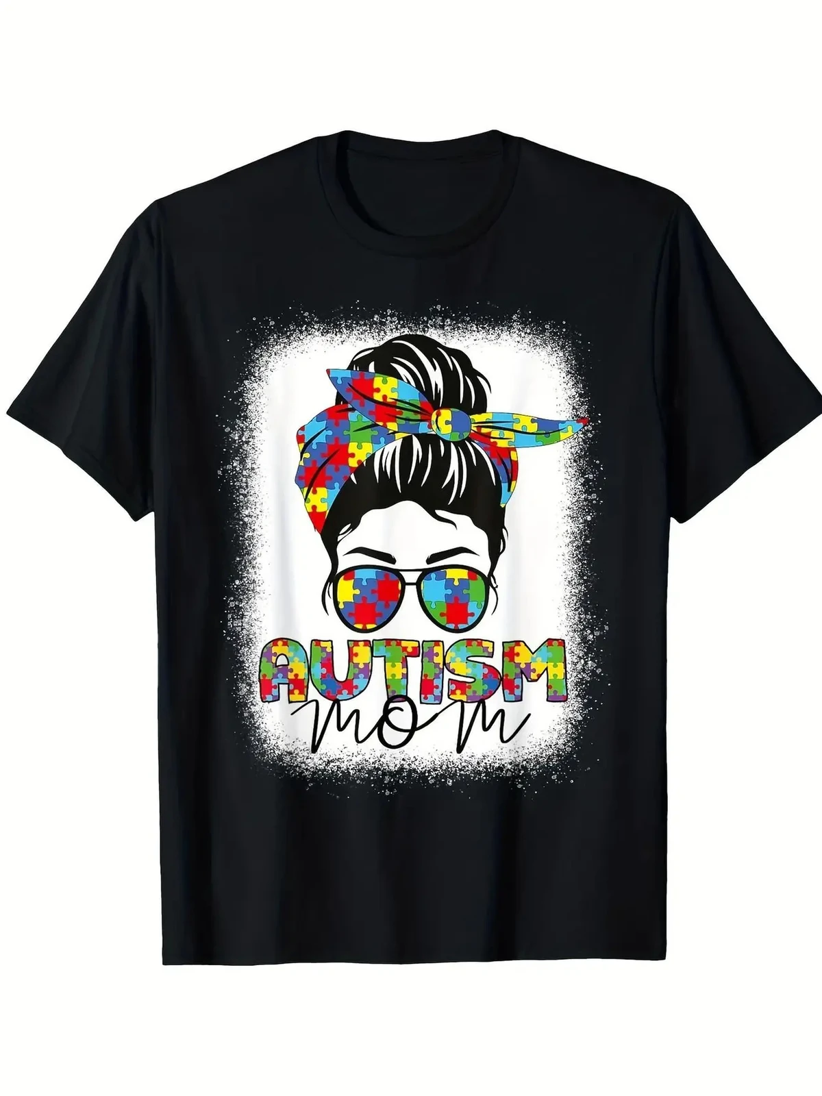

Autism Mom Life Messy Bun Graphic T-Shirt - Black Casual Short Sleeve Cotton Tee