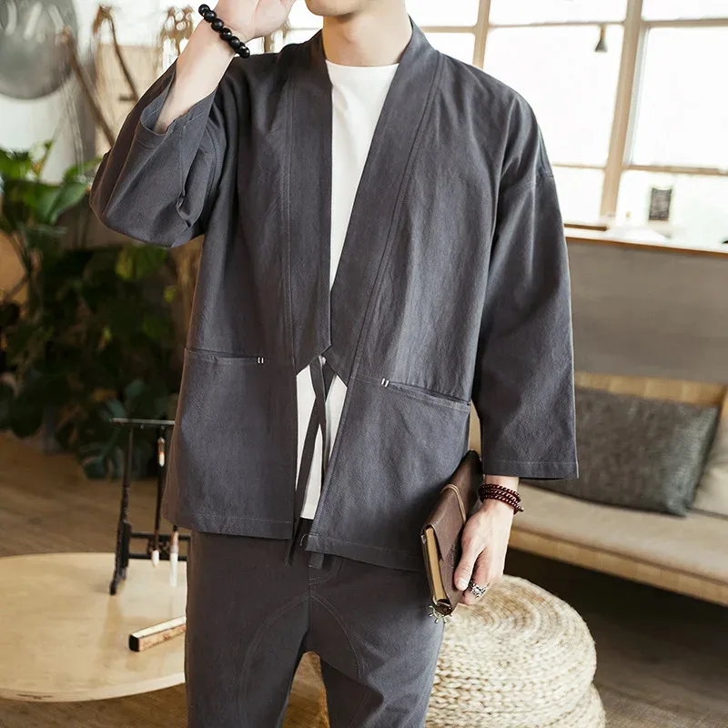

Plus Size 5XL Cotton Linen Japanese Kimono Cardigan Retro Traditional Male Yukata Haori Casual Loose Summer Male Coat Jacket Top