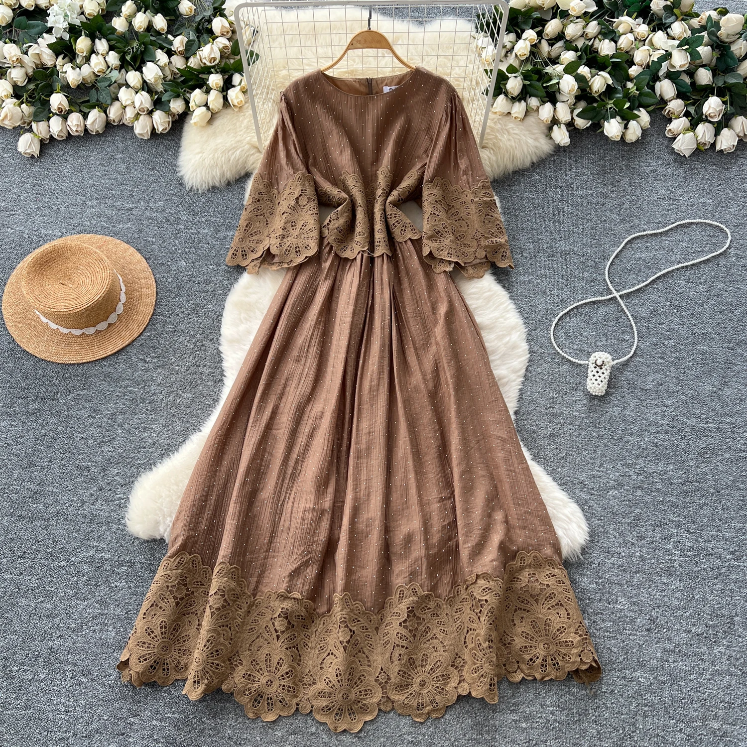 Schickes Vintage-Stil mit gespleißten Strasssteinen, schlank, elegante Fee, koreanische Mode, Boho-Sommerkleid, Damenbekleidung, langes Kleid