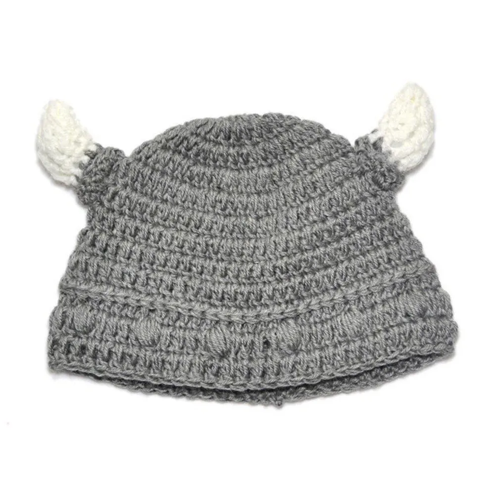 

Handmade Crochet Kids Hat Bull Horn Design Knitted Winter Beanie for Infant Boy Girl Gray Warm Comfortable Kids Winter Hat