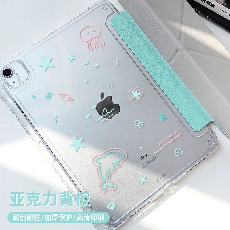 Cute Blue Ocean Dolphin Star Y2K Y-Fold Tablet Case For iPad Pro 11 12.9 13 A16 M2 M4 M3 M5 5/6/7/8/9/10/11th Mini Air 3 4 Cover