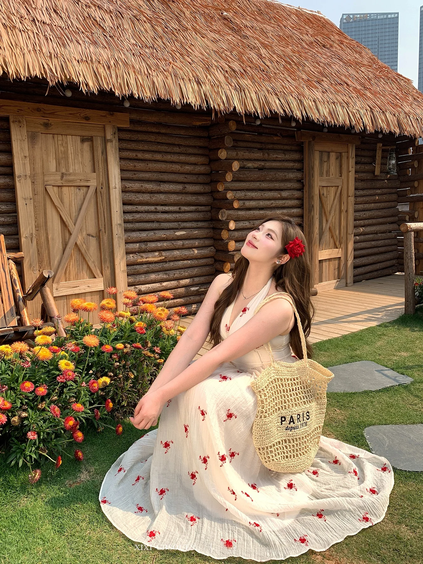 

Sweet Sexy Deep V Neck Print Waist Cinching Backless Dress Women Summer Dress Princess Style High Waist Long Skirt Backless