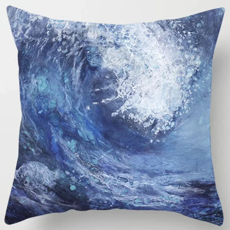 Blue Wave Painting throw pillow cover with short plush print living room sofa decoration cushion cover pillow covers decorative