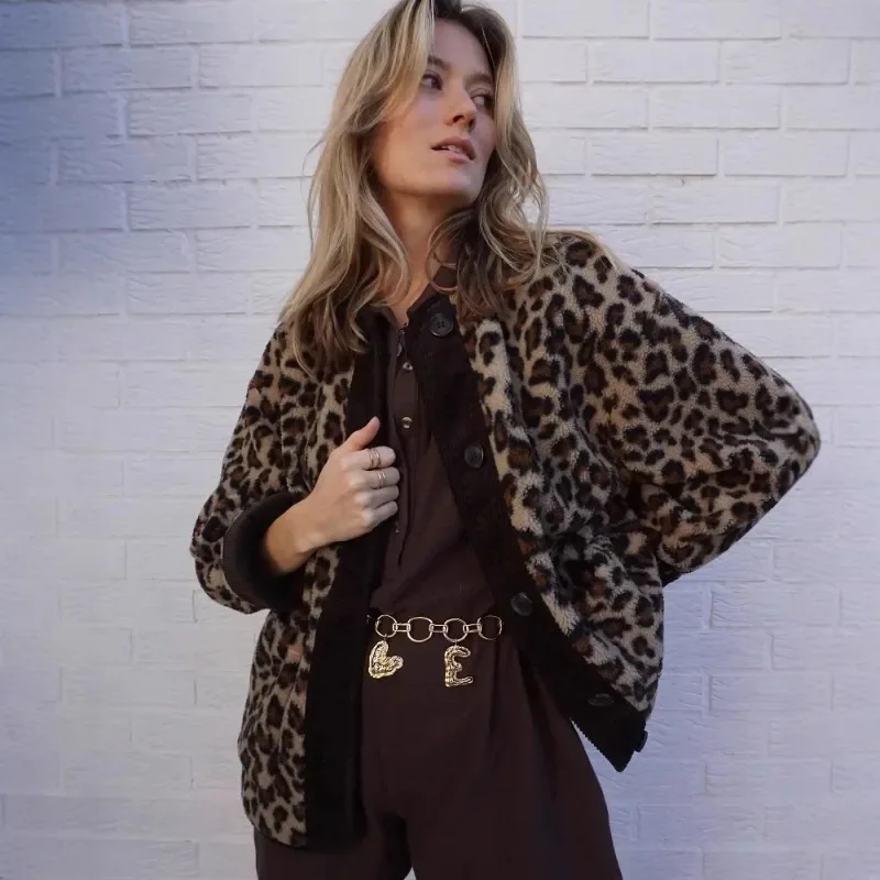 Veste léopard à simple boutonnage pour femme, rétro, col rond, poche, manteau chaud en laine d'agneau, Chic, vêtements d'extérieur de rue, 2025