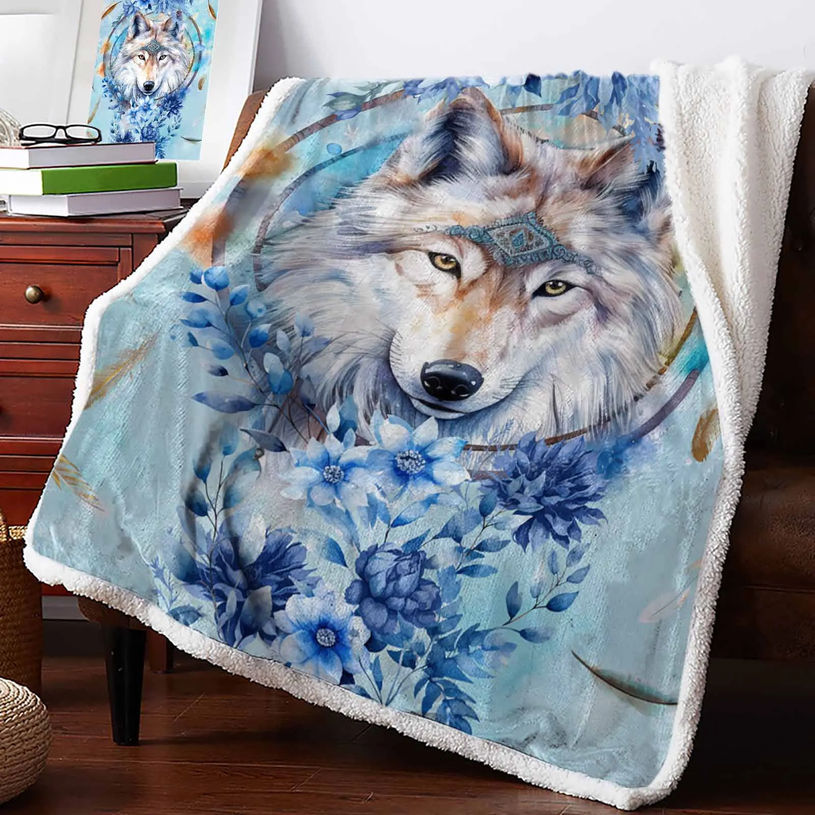 Watercolor Wolf Flower Feather Cashmere Blanket Warm Winter Soft Throw Blankets for Beds Sofa Wool Blanket Bedspread