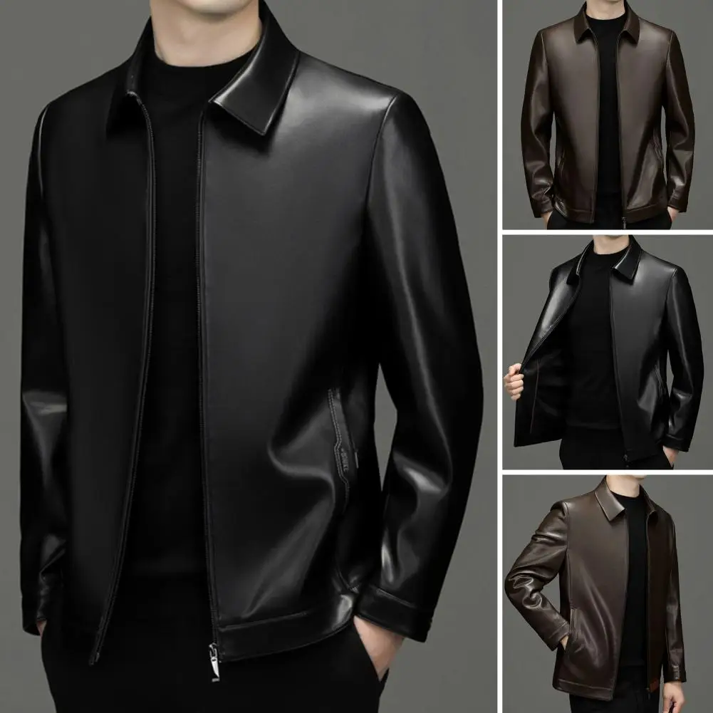 Men Faux Leather Jacket Men's Faux Leather Motorcycle Jacket with Collar Warm Windproof for Autumn