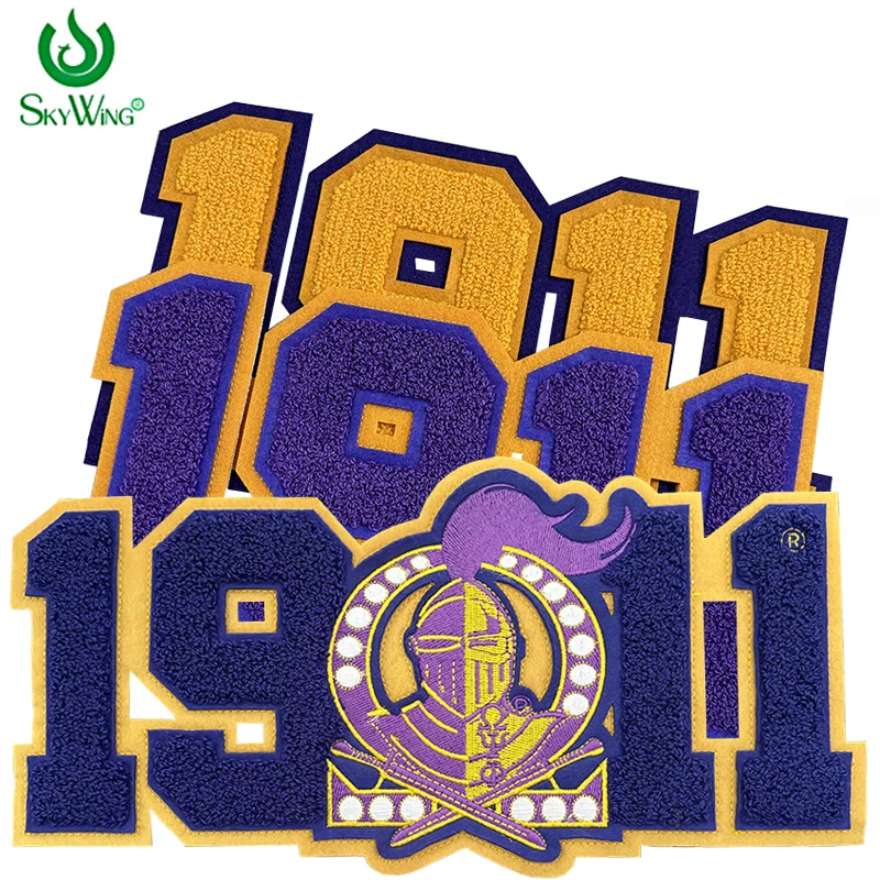 Chenille Purple & Old Gold Fraternity Omega Psi Phi Knight Greek Year Number 1911 Towel Embroidery Iron Patch for Sweatshirt