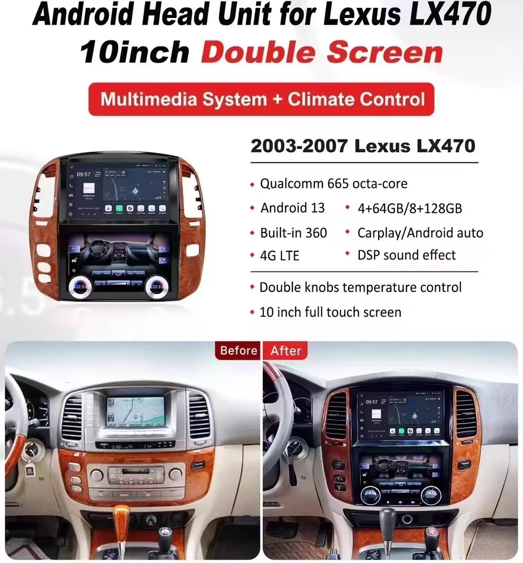 A CarPlay Touch Screen Android 13 Car Radio For Toyota Land Cruiser 100 LC100 1998 1999 2000-2006 2007 Player Stereo Unit 2 din