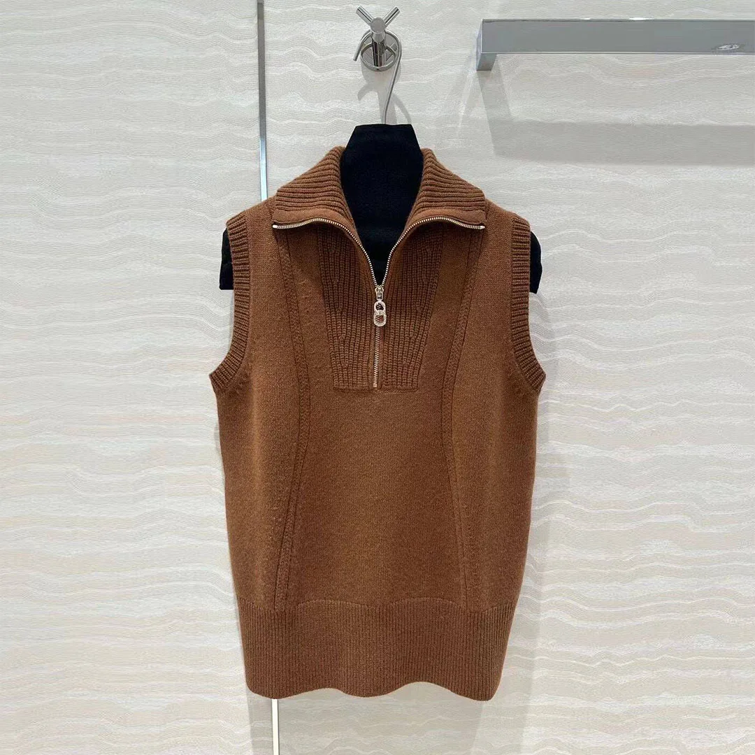 2024 New Fashion Autumn Luxury 100% Goat Cashmere Brown Knitted Tank Pullover Women Lapel Zipper Fly Sleeveless Sweater Vest