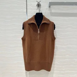 2024 New Fashion Autumn Luxury 100% Goat Cashmere Brown Knitted Tank Pullover Women Lapel Zipper Fly Sleeveless Sweater Vest