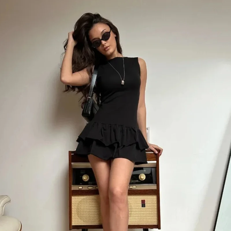 Em torno do pescoço sem mangas cintura cortada magro em camadas babados splice moda elegante cor sólida quente menina sexy colete mini vestido feminino