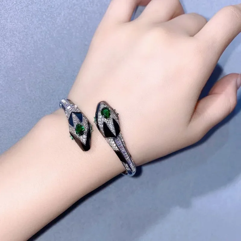 

Double Head Snake Cuff Bangle with Green Cubic Zirconia Enamel Black White Gold Plated Open Cuff Animal Trendy Jewelry for Women