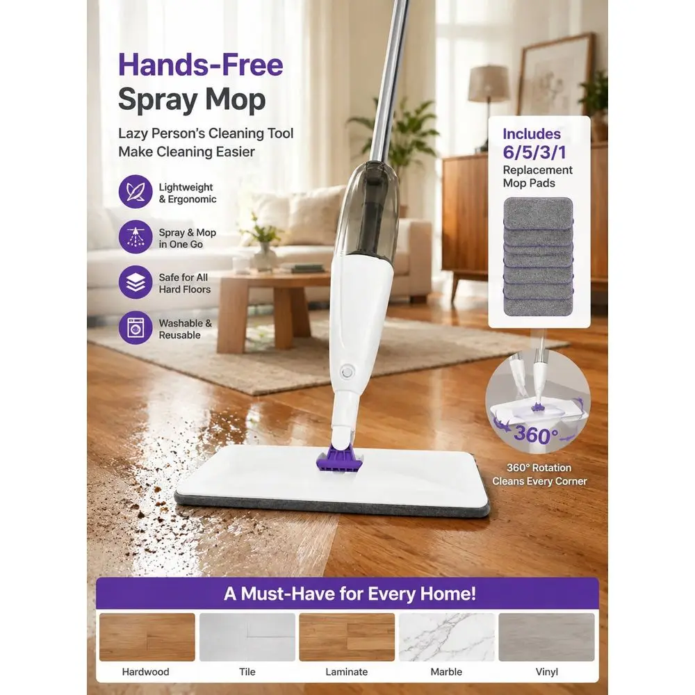 HandsFree Spray Mop, With 6 5 3 1 Replacement Mop Pads, 360 Rotating Flat Mop, Slouchy Cleaning Tool, Lightweight Ergonomic Des