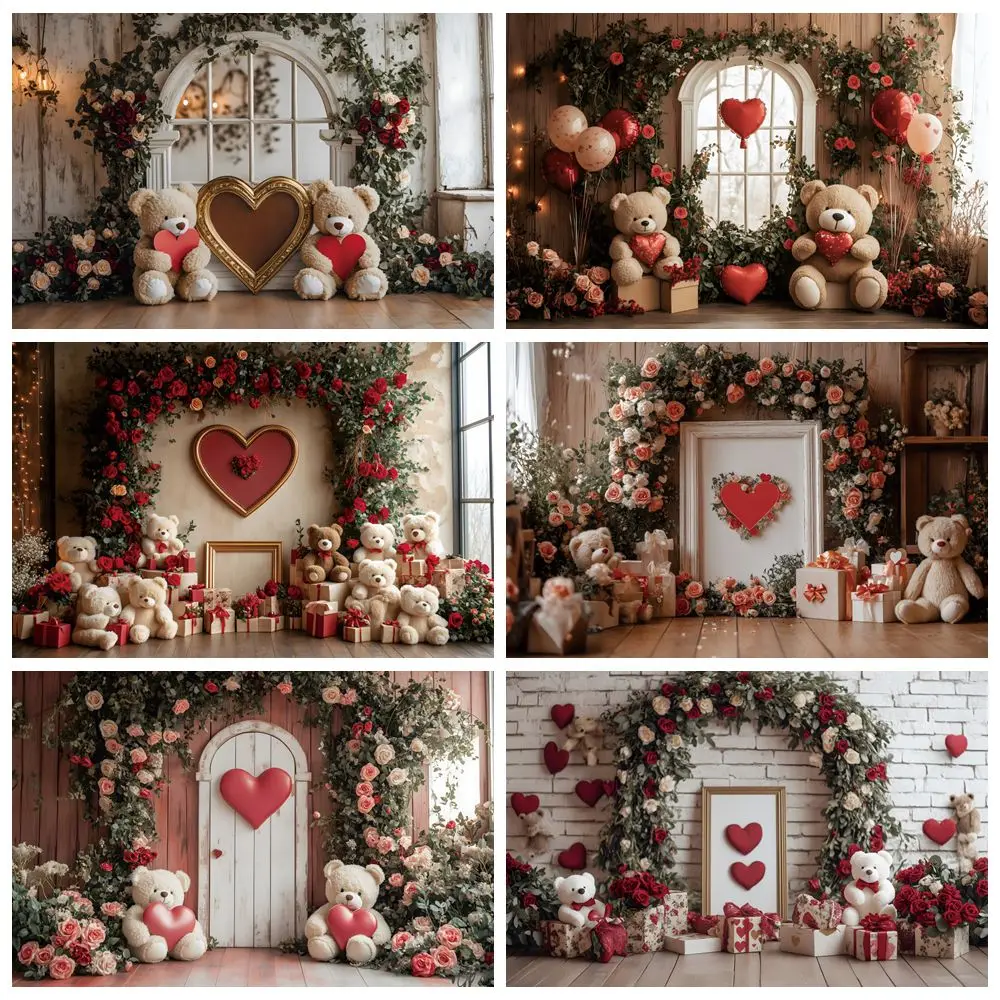 Valentine’s Day Toy Bears Room Backdrop Love Heart Rose Flowers February 14th Party Wedding Sweet Couple Photography Background