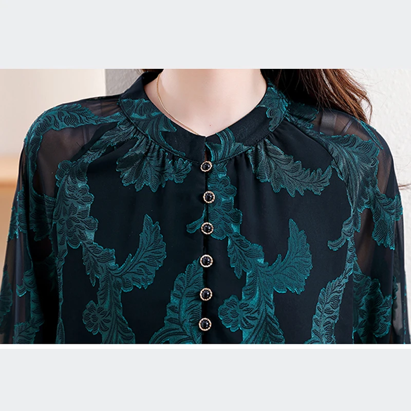 Camicette classiche in chiffon da donna jacquard Semplicità Colletto tondo con bottoni Camicie larghe scavate Top casual eleganti da donna