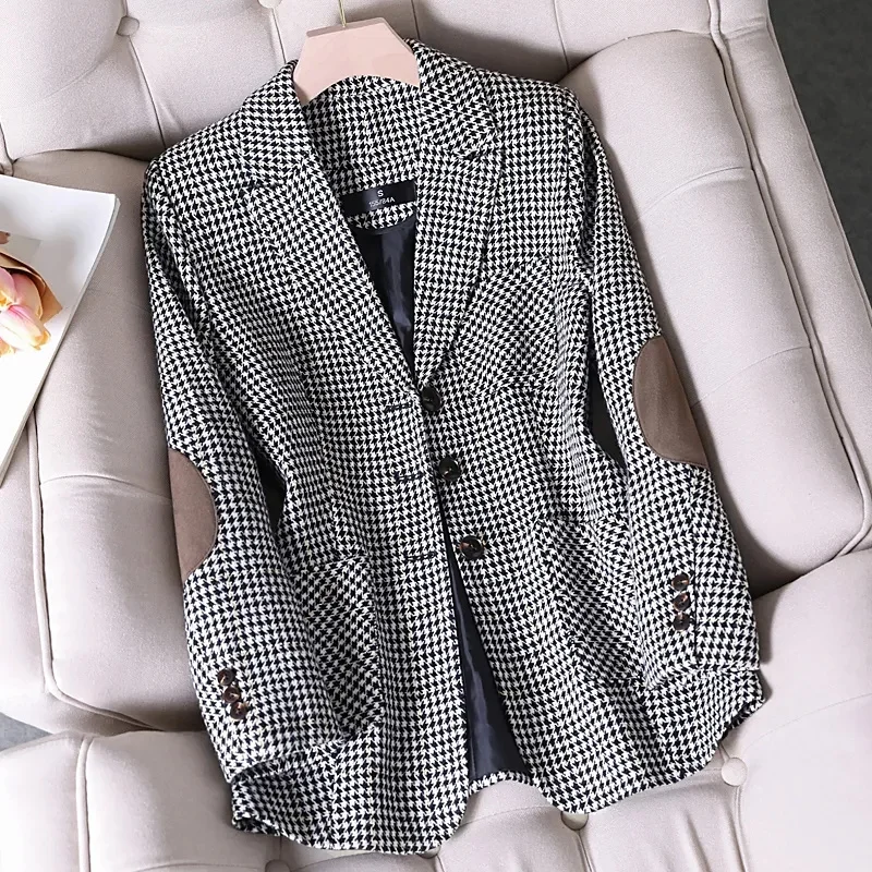 กาแฟลายสก๊อต Blazer ผู้หญิงอารมณ์ขนสัตว์แขนยาวใหม่แฟชั่น Slim Jacket สํานักงานสุภาพสตรีเสื้อทํางานเสื้อสีเทา