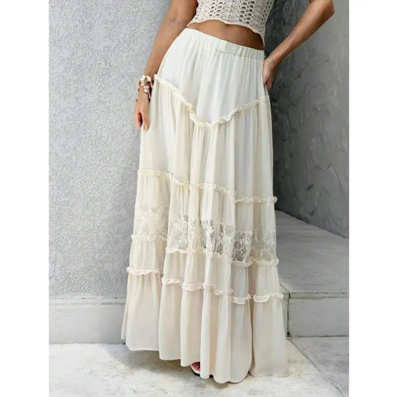 

New K 23 Lace Trim Skirt Simple Faionable Versatile Skirt Tee-acetate Fiber Ciwalk Sle Retro A-Line ort Skirt