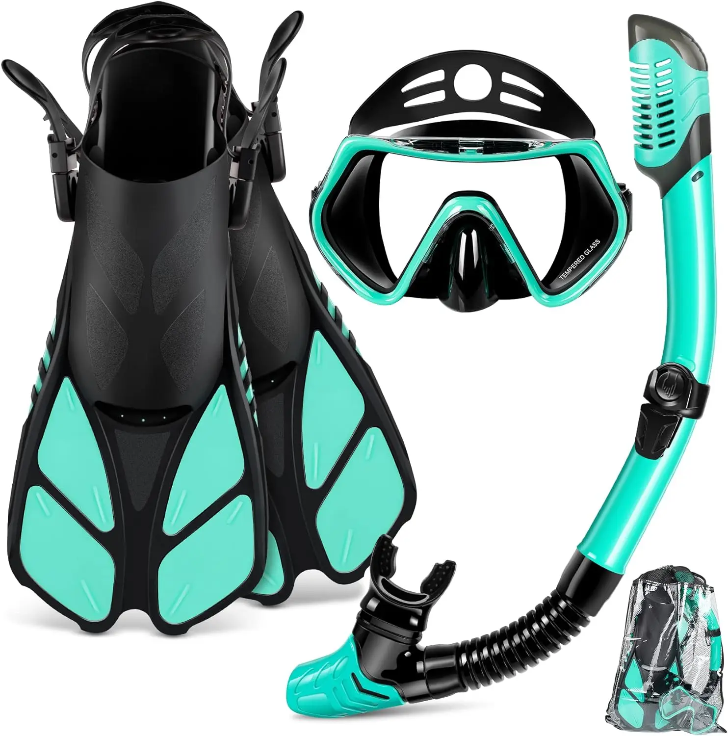 Tempered Glass Diving Goggles Snorkeling Set 3 Pcs Set Snorkeling Flipper Set Fully Dry Breathing Tube and Adjustable Finspromot