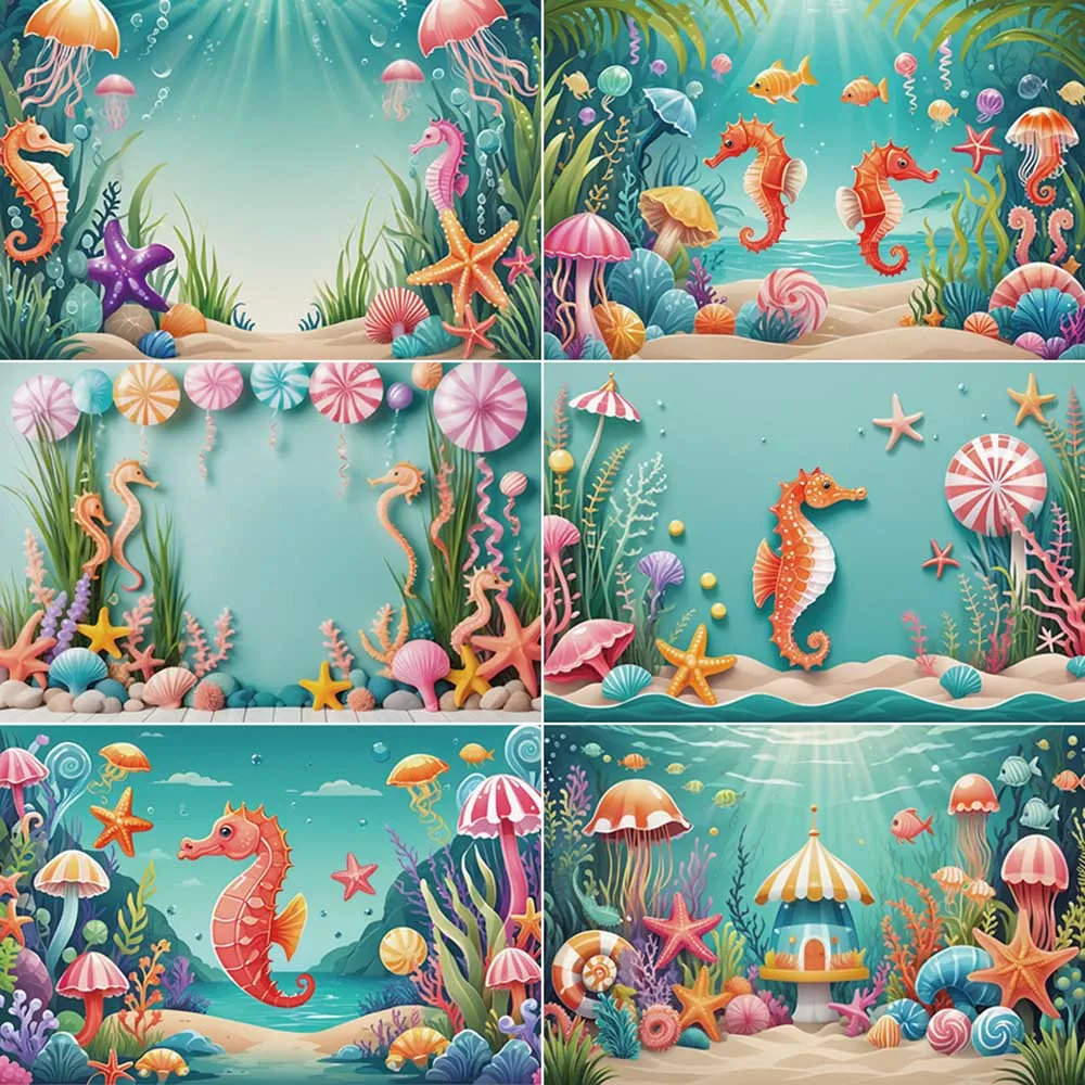 MOON.QG Mermaid Custom Happy Birthday Banner Backdrop Ocean Seabed Photozone Background Child Photography Studio Photocall Props