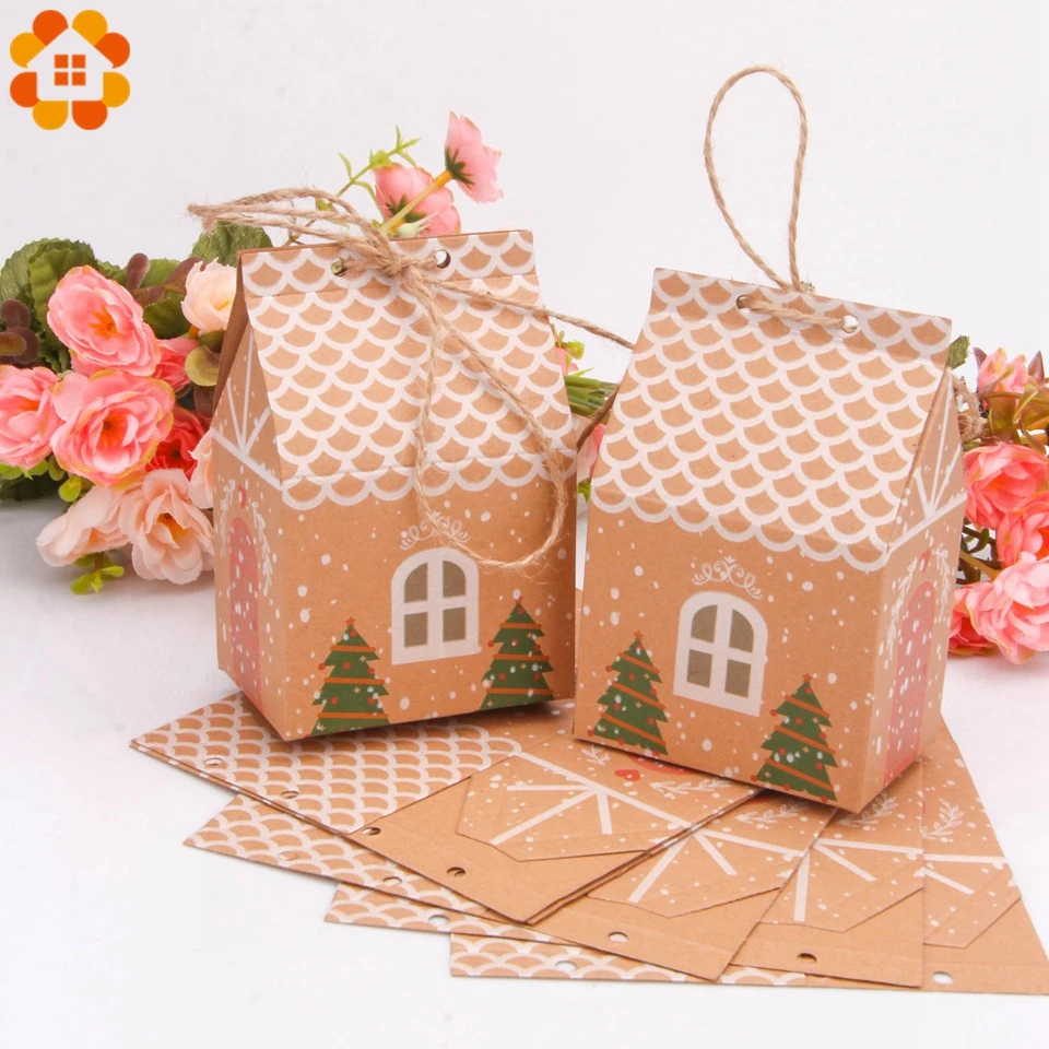 

5pcs House Shape Christmas Candy Gift Bags With Ropes Xmas Tree Cookie Bags Merry Christmas Guests Packaging Boxes Party Decor
