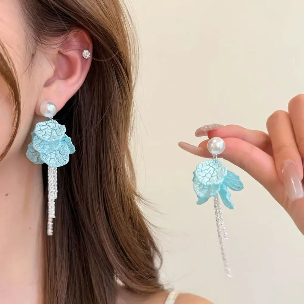 Peach Tea Color Tassel Earrings Blue Petal Design Elegant Alloy Earrings Long Style Unique Fashion Jewelry Summer Season
