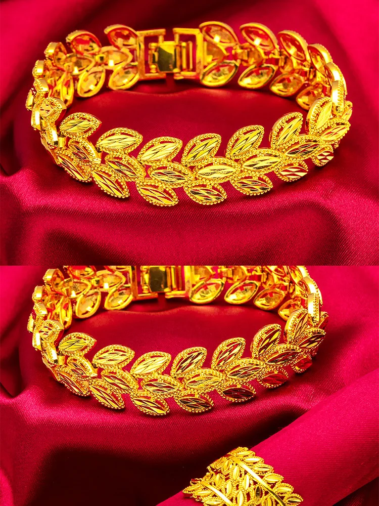 حلقة سوار أوراق القمح للسيدات من الذهب عيار 24 قيراط AU999 - حافة واسعة + تخفيف ثلاثي الأبعاد، قمح غير لامع/أوراق مصقولة، جذابة فاخرة #6