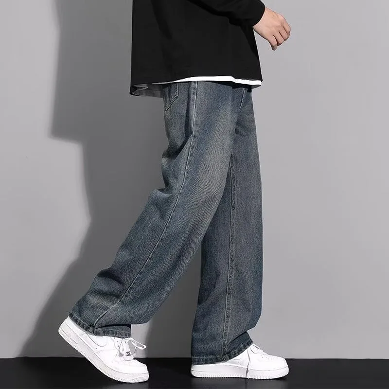 American Style Vintage Fashion Men Loose Fit Straight Wide Leg Simple Basic Daily Casual Denim Trousers Male Streetwear Jeans