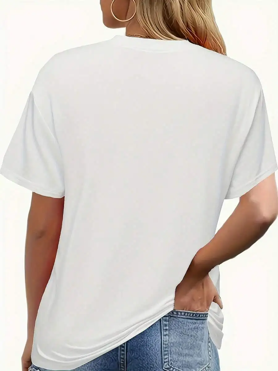 Women Loose Fit White Short Sleeve T Shirt Love Never Ends Pink Heart Hands Graphic Glitter Detail Casual Daily Tops