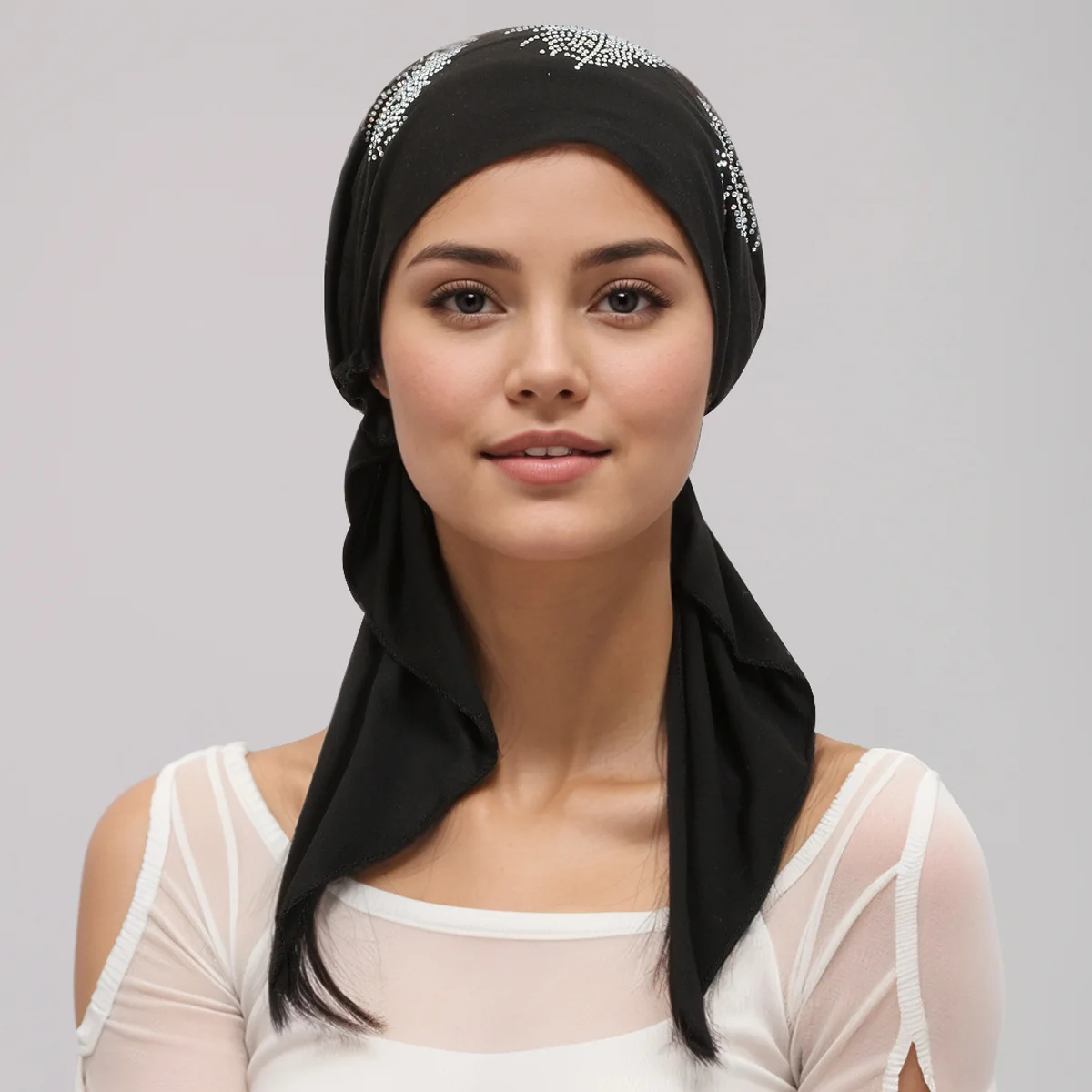 

Muslim Inner Hijab Hat Feather Rhinestone Cap Women Pre-Tied Turban Bonnet Headscarf Head Wrap Bandanas Headband Turbante Mujer