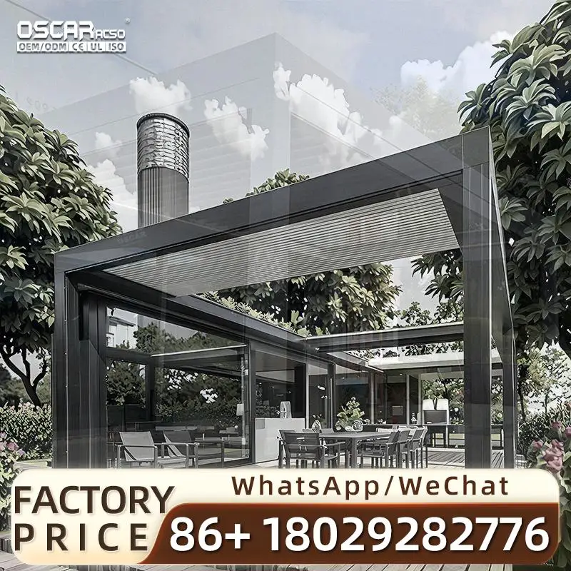 

Наружный моторизованный павильон с раздвижными дверями и жалюзи. Сборный для дома. Модель IM18. Идеально подходит для заднего двора и сада в перго США.