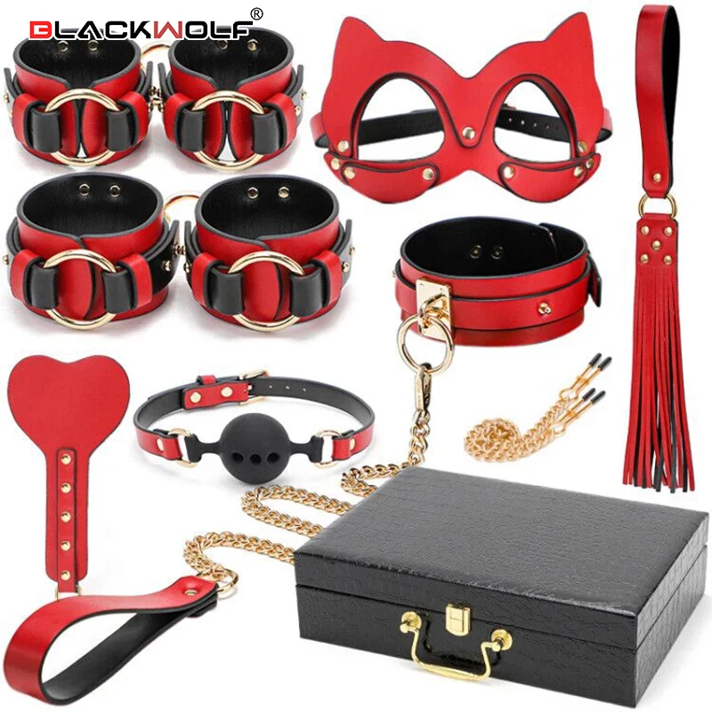 BLACKWOLF BDSM Kits Genuine Leather Bondage Set Fetish Handcuffs Collar Gag Whip Erotic Sex Toys For Women Couples Adult Games