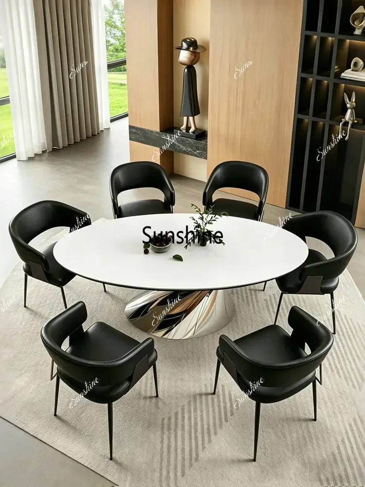 YYAdvanced rock slab dining table and chairs light luxury modern simple oval home