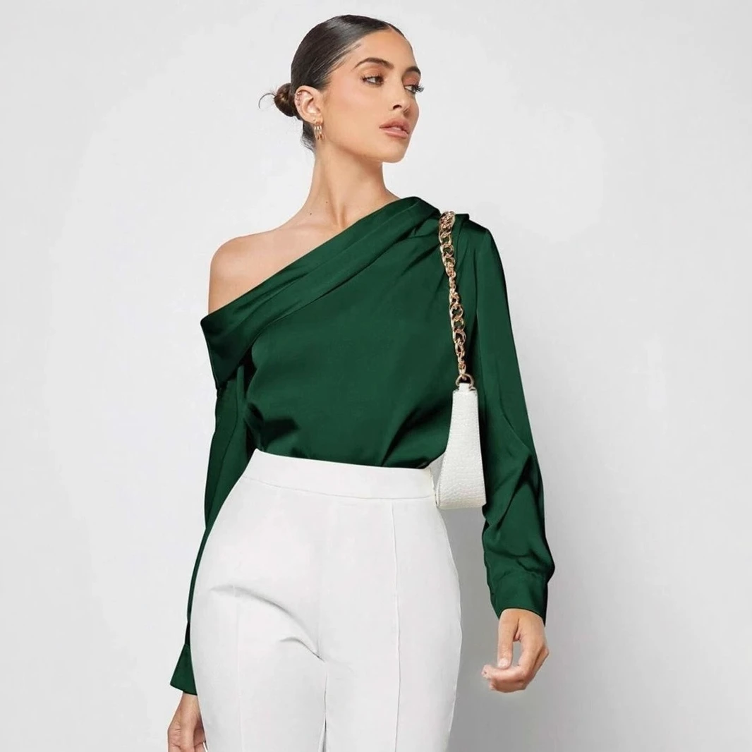 

Crinkle Satin Off-Shoulder Blouse Asymmetric Neckline Long Sleeve Top Trending Spring Summer Shirt