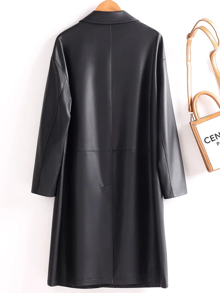 Nouveau Femmes Refente de cuir Manteau Printemps Automne Mode Col rabattu Taille ample Trench en Refente de cuir décontracté Simplicité Manteau long pour femme
