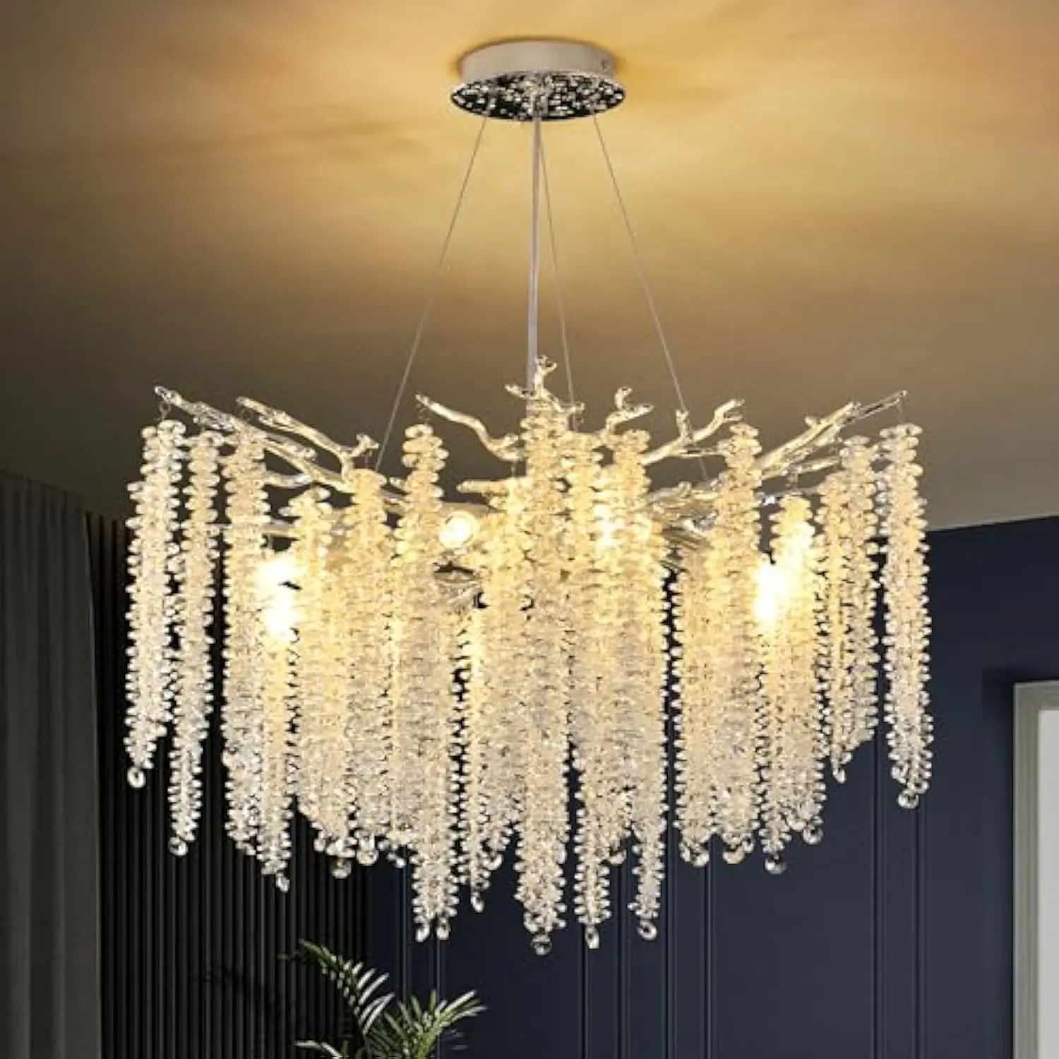 

Modern Crystal Tree Branch Chandelier, Polished Chrome Round Art Deco Raindrop Lighting Fixture for Dining Room Bedroom Living