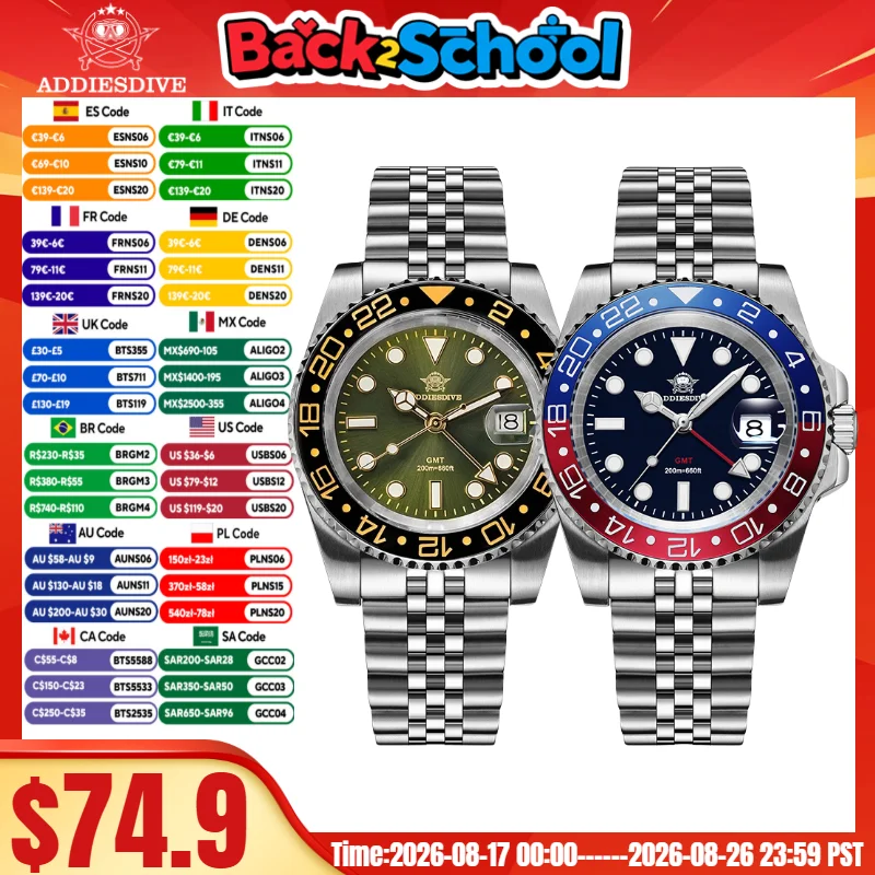 ADDIESDIVE Watch For Man GMT BGW9 Super Luminous 316L Stainless Steel 20Bar Diving Ceramic Bezel Quartz Watch