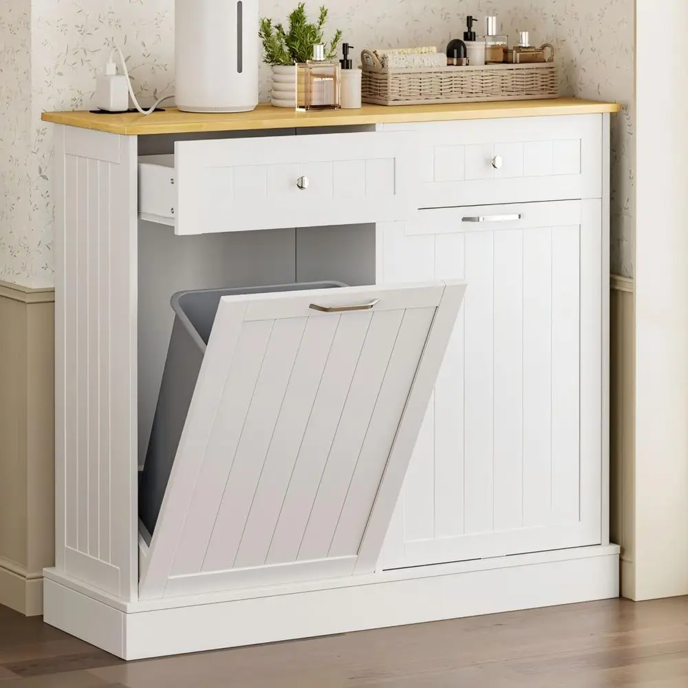 

Белый деревянный мусорный шкаф на 20 галлонов с двойным выдвижным механизмом, зарядной станцией и улучшенным отдельностоящим контейнером для переработки отходов