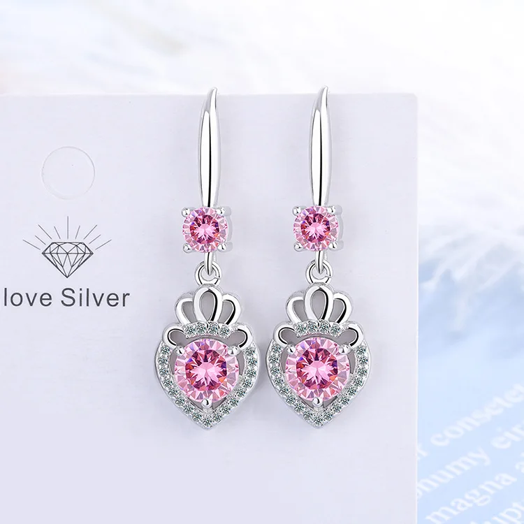 925 Silver Earrings Small Fresh And Sweet Pink Zircon Hollow Geometric Earrings Are Cute Gifts For Girls