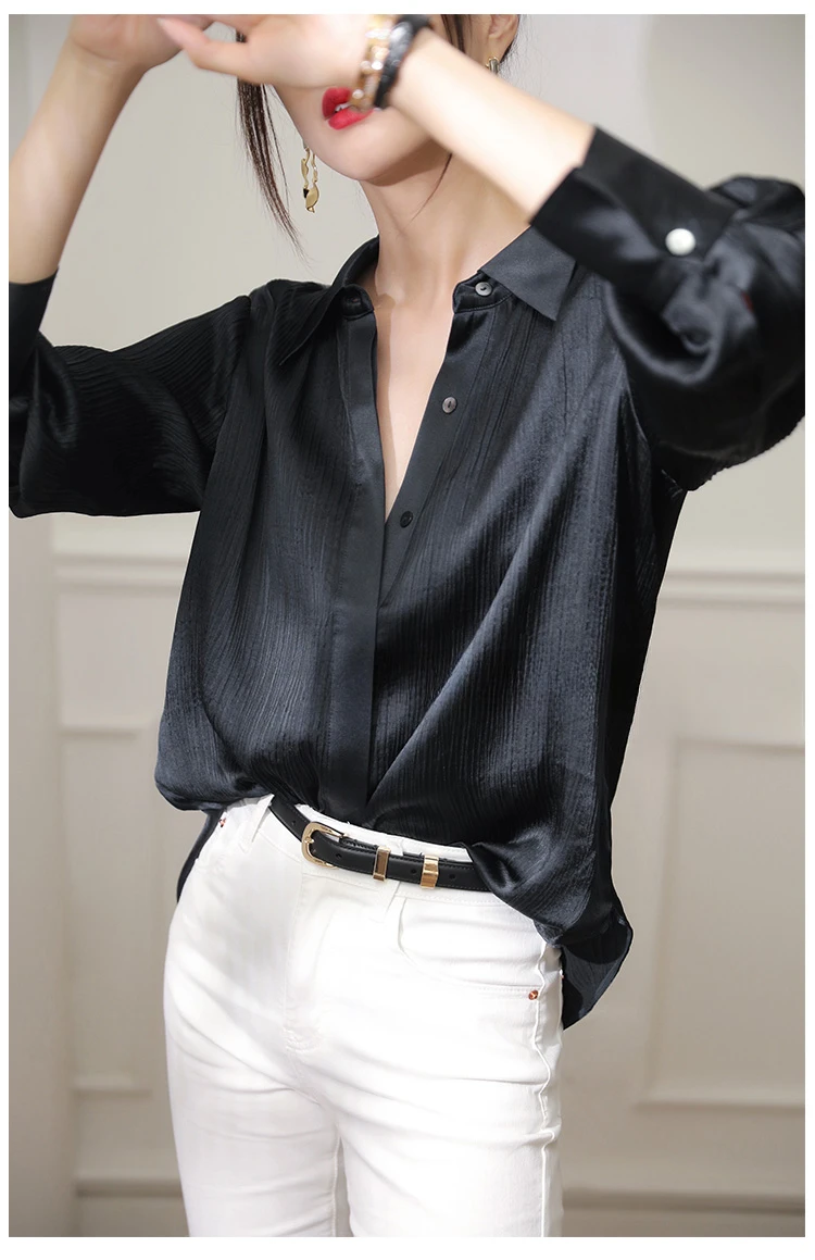 Satin Women\'s Shirts New Silk Solid Office Lady Blouses Loose Spring/Summer V-neck Ladies Clothing Long Sleeves Fashion Tops