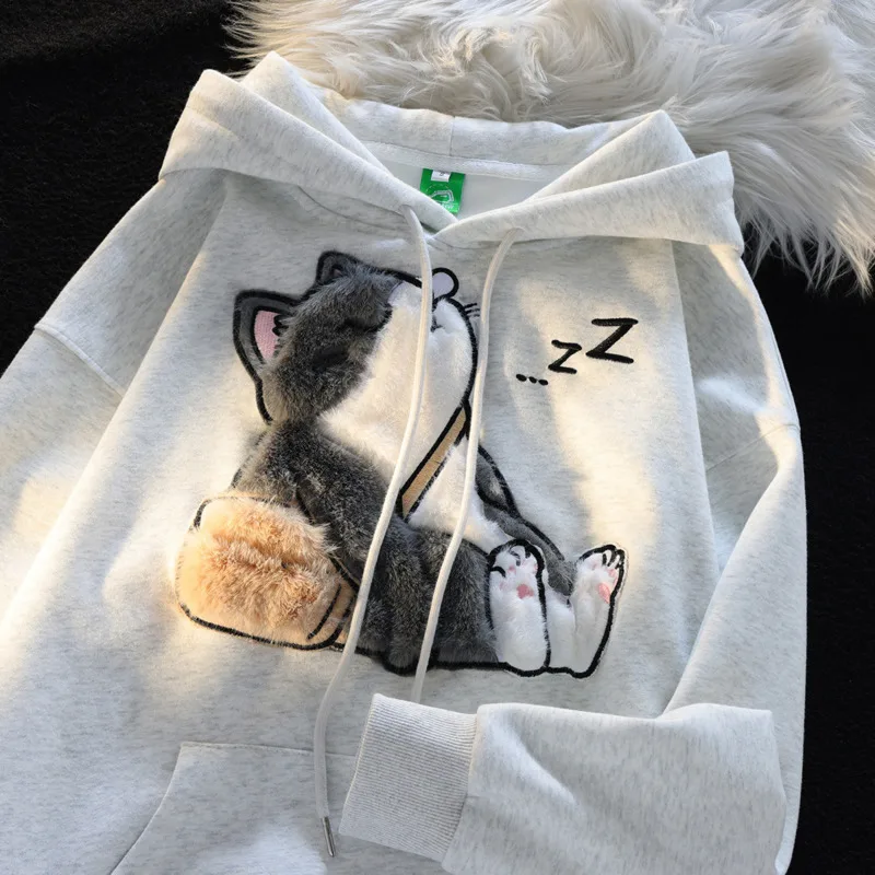 Cat Flocking Cute Loose Hoodie Autumn Woman Casual Sweatshirt Long Sleeve Hooded Streetwear Harajuku Kawaii Fashion Hoodies