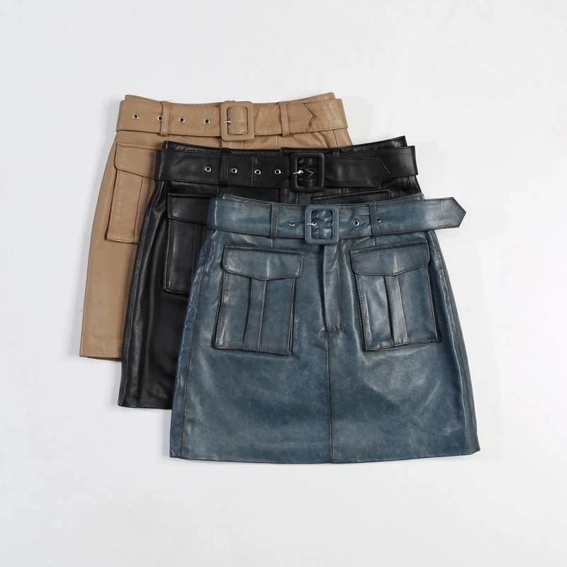 

S-3XL Women's Real Leather Short Skirts Fashion Safari Style Large Pocket A-line Skirt With Belt Female Sheepskin Mini Skirts