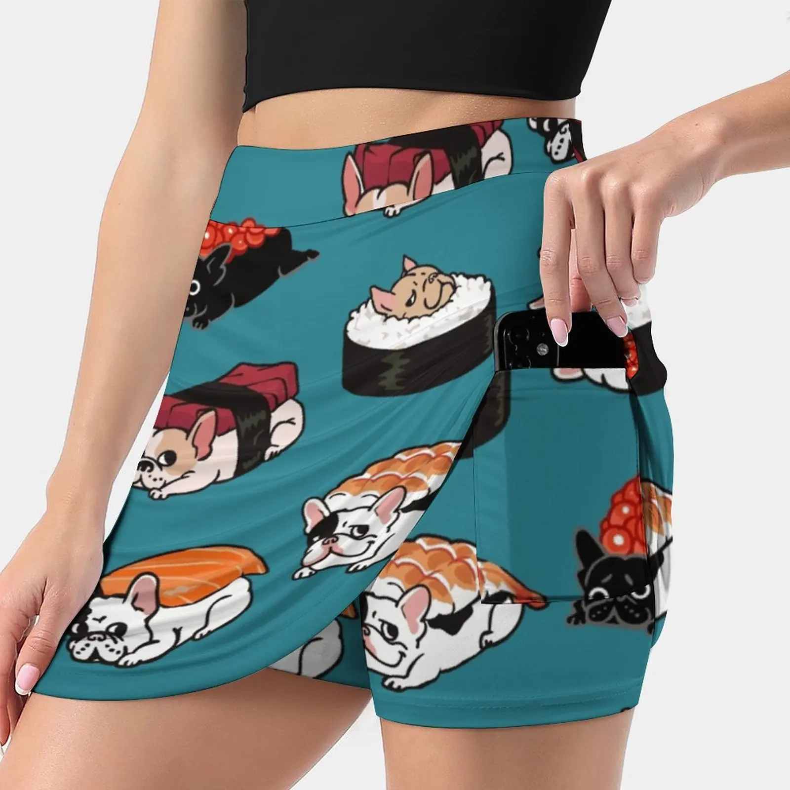 Sushi Frenchie Tennis Golf Skirt Sexy A-Line Harajuku Shorts Skirt With Phone Pockets Skort Sushi Frenchie Japan French Bulldog