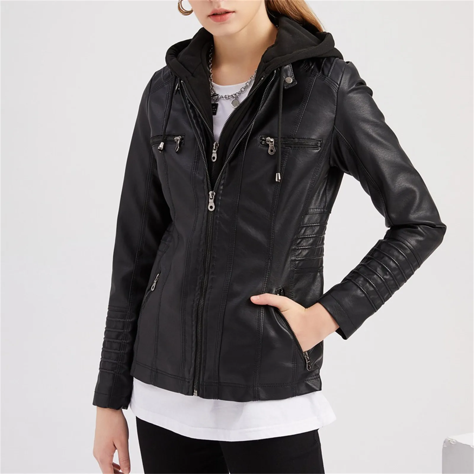 Pu Leather Jacket Hooded Detachable Plus Size Motorcycle Women Clothes Ladies Solid Color Washed Leather Coat Two-Piece Set